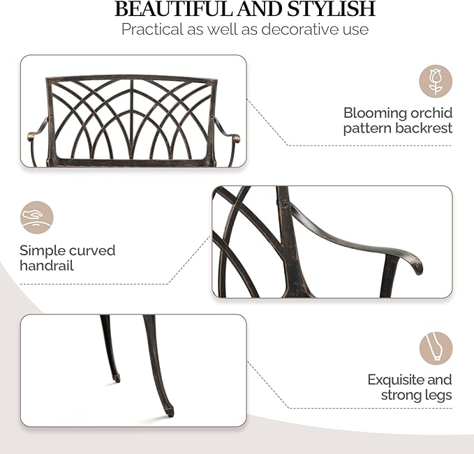 VINGLI 38" Outdoor Metal Bench, Cast Aluminium Garden Bench, Weatherproof Antique Finish Orchid Chair - Photo 5