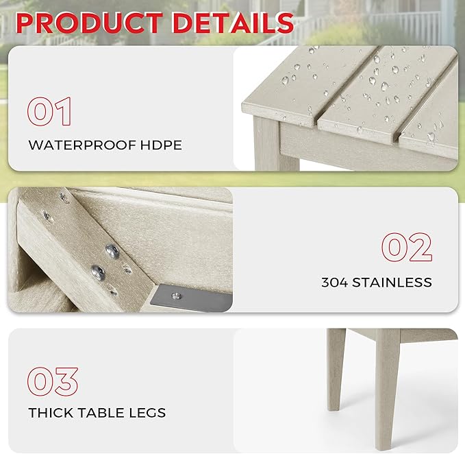 Costaelm Adirondack Outdoor Coffee Table, HDPE Drink Table Weather Resistant, Patio Porch Accent Balcony Table Outdoor End Table for Pool, Seaside, Backyard, Sand