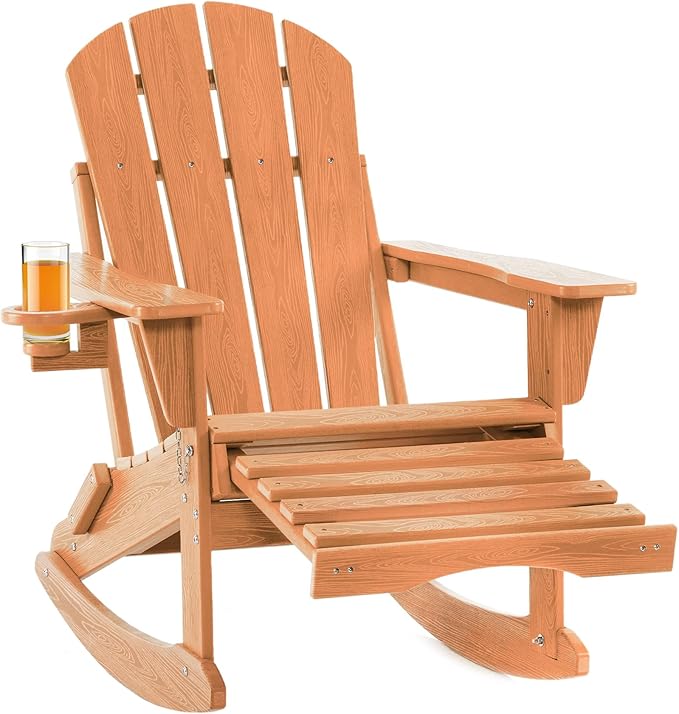 Folding Adirondack Rocking Chair Set of 4,4-in-1 Multifunctional Patio Chairs with Retractable Ottoman, Outdoor Chairs Wood Texture, Lawn Chair for Porch, Backyard, Pool(Teak)