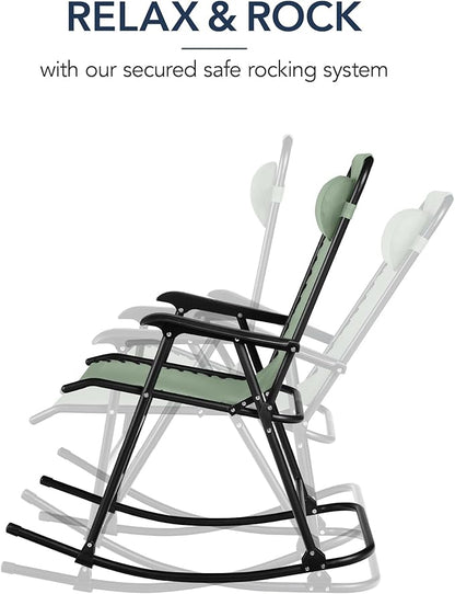 Best Choice Products Outdoor Folding Rocking Chair, Zero Gravity Lounge Chair, Patio Rocker w/Headrest Pillow - Sage Green