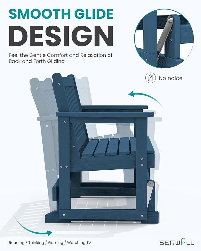 SERWALL Outdoor Glider Bench Set of 2, HDPE Weather-Resistant Swinging Bench for Backyard Garden Porch, Deep Navy - Photo 4