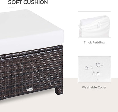 Outsunny 20" Patio Wicker Ottoman, Multipurpose Outdoor PE Rattan Footrest, Additional Seating, Side Table with Soft Cushion, Dark Brown, Cream White