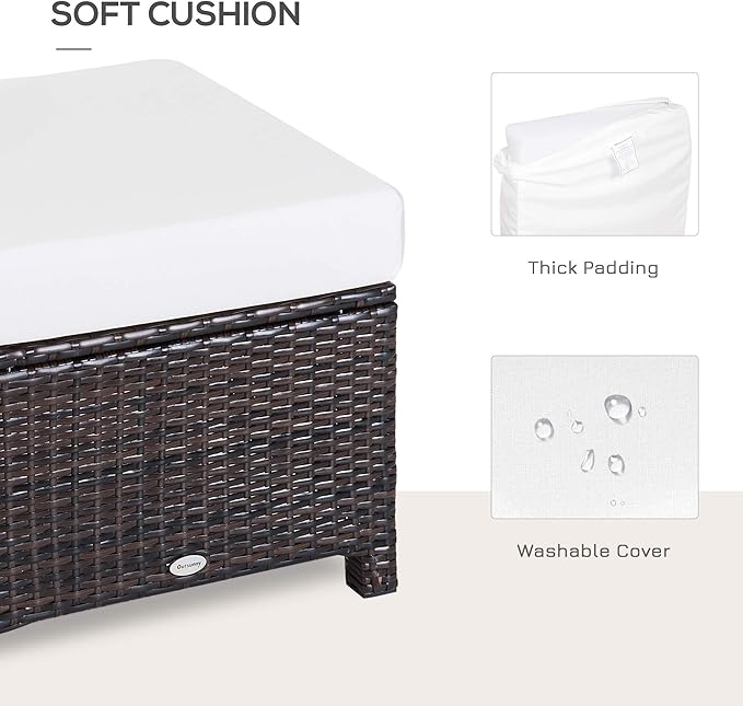 Outsunny 2 Piece 20" Patio Wicker Ottoman with Thick Padded Cushion, Multipurpose Outdoor PE Rattan Footrest, Additional Seating, Side Table, Dark Brown, White
