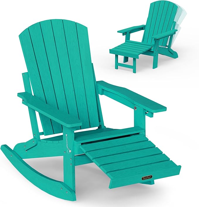 Adirondack Rocking Chair with Retractable Ottoman, 4-in-1 Foldable Reclining Patio Chair, HDPE Wood-Look Outdoor Rocker for Porch, Garden & Poolside, Lake Blue