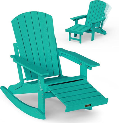 Adirondack Rocking Chair with Retractable Ottoman, 4-in-1 Foldable Reclining Patio Chair, HDPE Wood-Look Outdoor Rocker for Porch, Garden & Poolside, Lake Blue