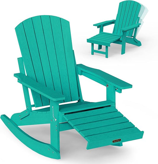 Adirondack Rocking Chair with Retractable Ottoman, 4-in-1 Foldable Reclining Patio Chair, HDPE Wood-Look Outdoor Rocker for Porch, Garden & Poolside, Lake Blue