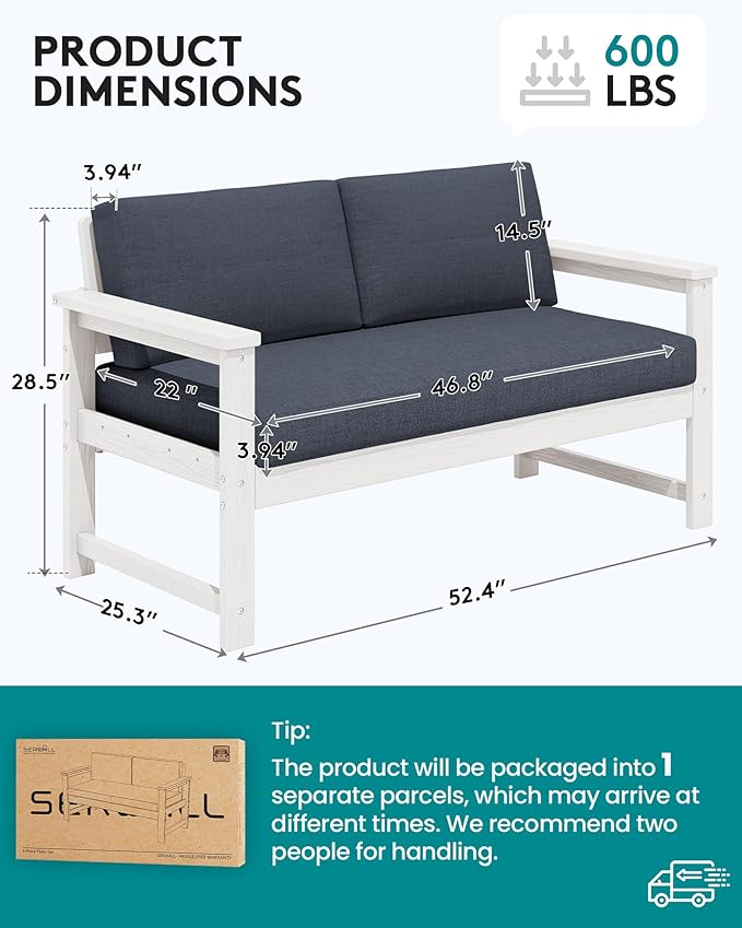 SERWALL HDPE Outdoor Loveseat with Cushions, All Weather Use Outdoor Loveseat Sofa, White Frame/Grey Cushion - Photo 4