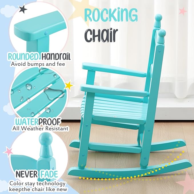 Kids Rocking Chair Cushion Pad Set Toddler Rocking Chair Indoor Outdoor Wooden Rocker Child Patio Rocker for Porch Balcony Lawn Indoor Outdoor(Blue,Ages 2-5)