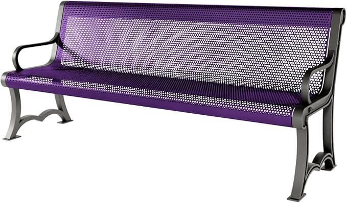 COATEDOUTDOORFURNITURE Coated Outdoor Furniture Heavy-Duty Outdoor Bench Thermoplastic Coated, Punched Steel, Commercial-Grade Garden Bench, Made in America (Portable with Back, 6 Ft, Purple)