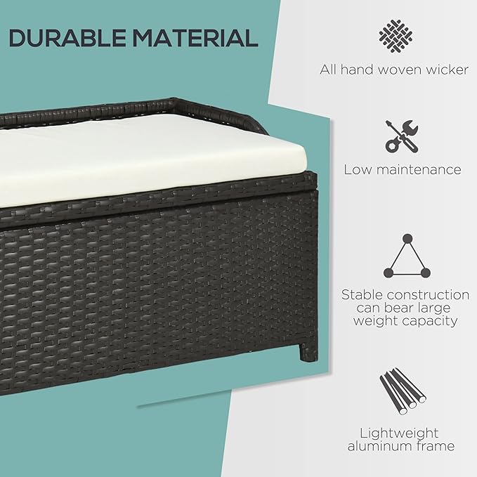 Outsunny 38 Gallon Outdoor Wicker Storage Bench Deck Box, PE Rattan Patio Furniture Pool Storage Bin Container with Interior Waterproof Cloth Bag and Comfortable Cushion, White