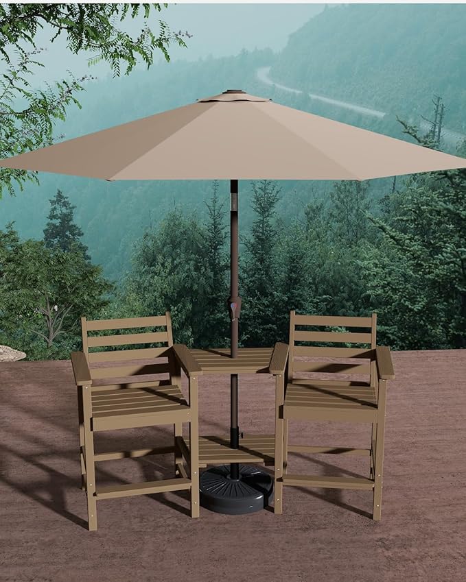 Tall HDPE Adirondack Bar Chairs Set of 2, Outdoor Balcony Bar-Height Chairs with Extra-Large Side Trays & 2" Umbrella Hole, All-Weather Patio Stools for Porch, Deck, Garden (Brown, 2chair)