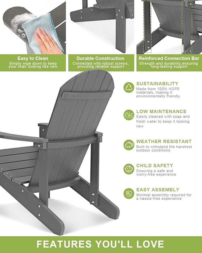 Y&M Adirondack Chair Set of 4, Dark Grey Fire Pit Chairs, Outdoor Patio Chairs with Cup Holder, Weather Resistant HDPE Wooden Textured Patio Chairs, Perfect for Garden, Lawn, Deck, or Poolside