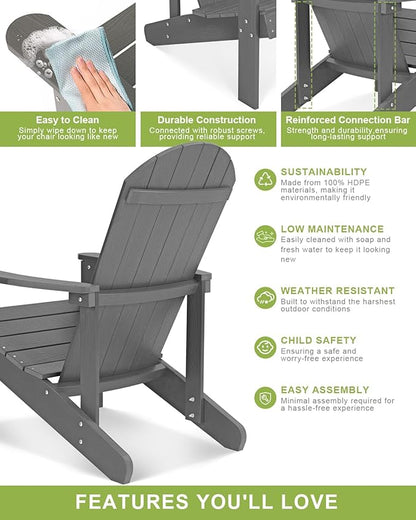 Y&M Adirondack Chair Set of 4, Dark Grey Fire Pit Chairs, Outdoor Patio Chairs with Cup Holder, Weather Resistant HDPE Wooden Textured Patio Chairs, Perfect for Garden, Lawn, Deck, or Poolside