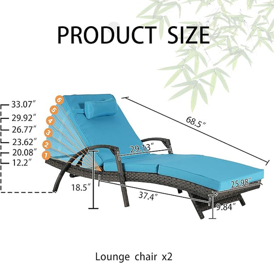Outdoor Lounge Chairs Set of 2,Wicker Chaise Lounge Chair Pool Chaise Lounge,Patio Lounge Chair with Adjustable Backrest Arm Cushion for Poolside