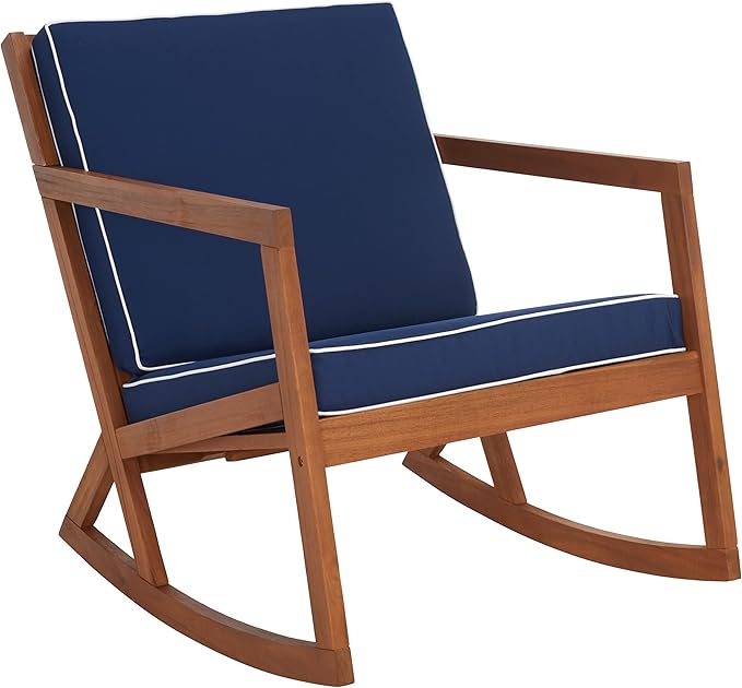 SAFAVIEH Outdoor Collection Vernon Natural/Navy Cushion with White Piping Rocking Chair