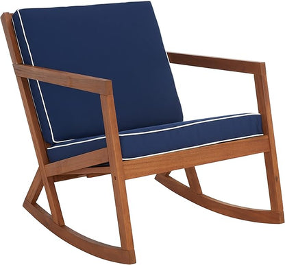 SAFAVIEH Outdoor Collection Vernon Natural/Navy Cushion with White Piping Rocking Chair