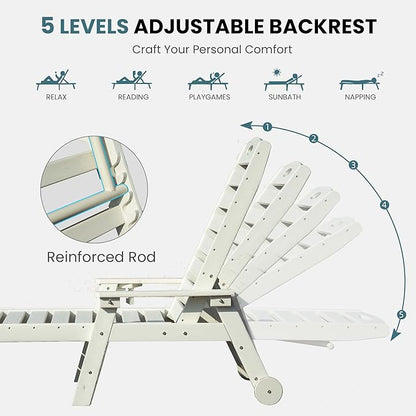 Domi Outdoor Chaise Lounge Chairs Set of 4, HDPE All-Weather Pool Loungers with 5-Position Adjustable Reclining Backrest & Rolling Wheels for Poolside Sunbathing Tanning, White