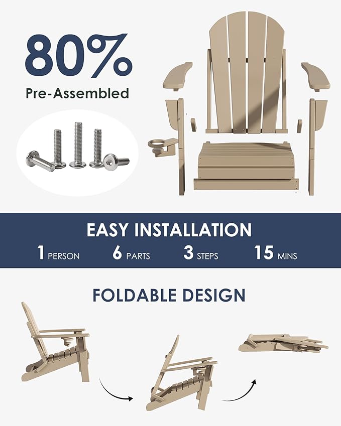 Folding Adirondack Chairs, All-Weather Resistant HDPE Patio Firepit Chairs, Sturdy Outside Chairs with Cup Holder, Lawn Chairs, 80% Pre-Installed Load Capacity 385lb, Weathered Wood