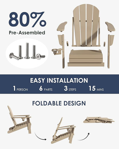 Folding Adirondack Chairs, All-Weather Resistant HDPE Patio Firepit Chairs, Sturdy Outside Chairs with Cup Holder, Lawn Chairs, 80% Pre-Installed Load Capacity 385lb, Weathered Wood