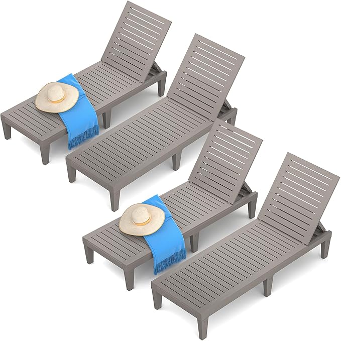 Chaise Lounge Chair Outdoor Set of 4 for Patio, Weather-Resistant Tanning Chair Recliner with Adjustable Backrest, Sun Lounger for Outside Deck, Pool, Poolside, Porch, Beach, Light Brown