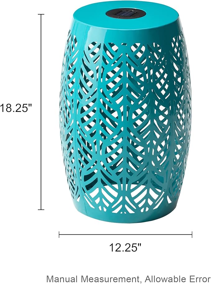 Glitzhome 18.25" H Outdoor Side Table with Leaf Pattern Solar Powered Light, Iron Cutout Drum Garden Stool Solar Decorative Lanterns, Metal End Table Plant Stand for Indoor Outdoor, Blue