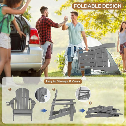 Adirondack Chair Set of 2 with Cushion & Cup Holder, HDPE Folding Adirondack Chairs with Wood-Like Grain Outdoor Fire Pit Chairs for Patio/Porch/Swimming Pool/Camping (Grey)