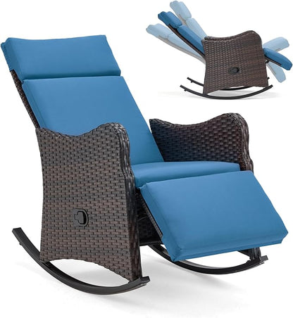HOMREST Outdoor Recliner for Patio, Wicker Rocking Chair with Extended Footrest, Porch Balcony Lounges with Removable Cushion for Garden,Navy Blue