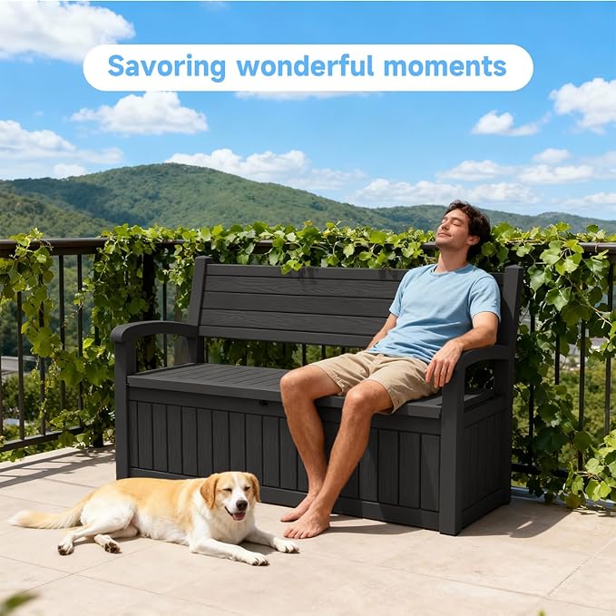 51.06" L x 24.17" W x 35.24" H Outdoor Storage Bench - 70 Gallon Weather-Resistant Resin Rattan-Look Seat (500 lbs Capacity) (Black)