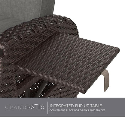 Grand patio Outdoor Recliner Air Pump 150° Lay Flat Reclining Chair with Independent Adjustable Back and Footrest Removable Olefin Cushion Flip-Up Table Wicker Grey 2PCS