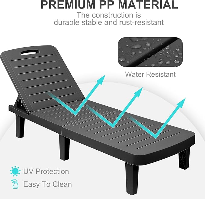 Chaise Lounge Outdoor, Waterproof Resin Lounge Chairs for Outside w/Adjustable 5 Positions All Weather Recliner Chair for Patio, Poolside, Beach, Yard, 1PCS, Black
