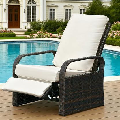 ATR ART TO REAL Outdoor Wicker Recliner Chair with 5.5'' Cushions, Automatic Adjustable Patio Lounge Chairs, Aluminum Frame Reclining Chair for Lawn Backyard Porch Poolside Deck (Beige)