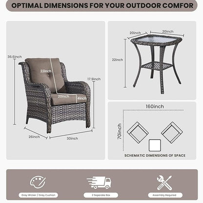 Belord Patio Chairs Outdoor Furniture Set, 3 Peices Porch Wicker Furniture with Side Table, Deep Seating Patio Bistro Chair Sets (Grey Cushion)