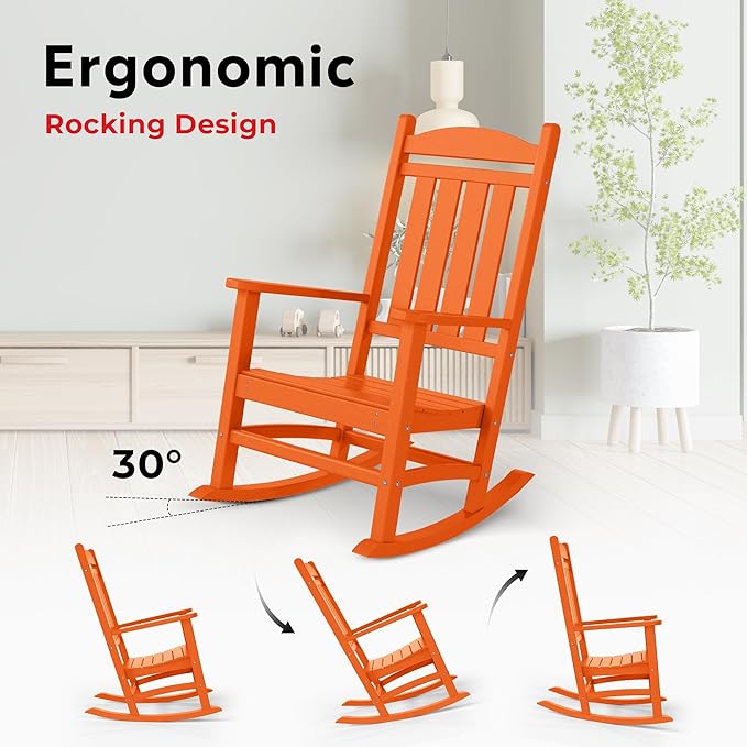 Costaelm Oversized Outdoor Rocking Chair, High Back Porch Rocker Chair, HDPE All Weather Resistant Outdoor Seating Furniture Wide Rocker Chair for Patio, Lawn, Garden, Orange