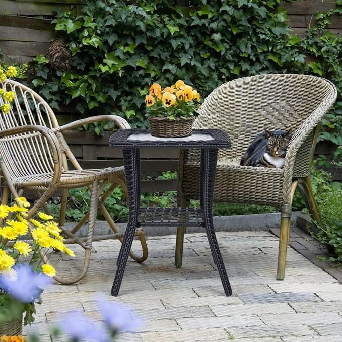 Patio Wicker Side Table, Outdoor PE Rattan End Table with Tempered Glass Top and 2-Tier Storage Shelf, Square Coffee Table for Deck Porch Garden Backyard- Black