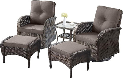 5 Pieces Outdoor Wicker Patio Furniture Set-High Back Outdoor Rocking Chairs Set of 2 with Ottoman Patio Conversation Sets for Deck Lawn Porch Balcony Poolside-Brown/Grey