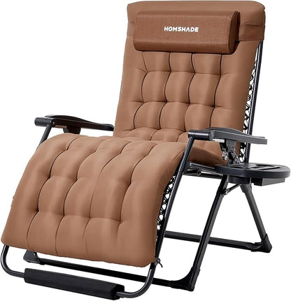 HOMSHADE XXL Zero Gravity Chair with Cushion, 33In Oversized Zero Gravity Lounge Chair, Patio Outdoor Recliner Chair for Indoor Outdoor with Headrest, Cup Holder, Footrest Support 500Lbs, Brown