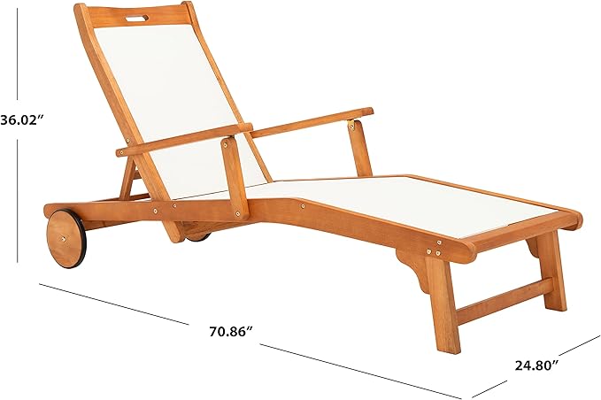 SAFAVIEH Outdoor Collection Kamson Natural Brown Solid Wood/Beige Fabric Adjustable Chaise Lounge Chair (PAT7071A) - Photo 3