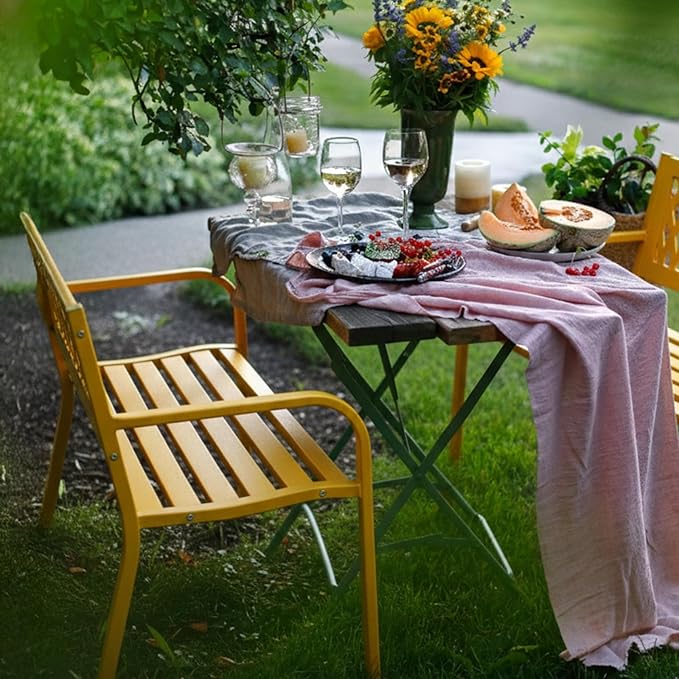 Outvita Outdoor Bench, 47" Iron Steel Frame Garden Bench with Mesh Pattern and Plastic Backrest Armrests, Patio Bench for Garden Park Yard Front Porch Patio, Yellow