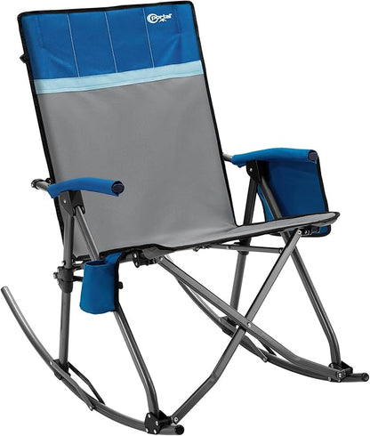 Portal Oversized Folding Rocking Camping Chair Portable Outdoor Rocker with High Back Hard Armrests Carry Bag, Supports 400 lbs, Padded Back, Grey&Blue