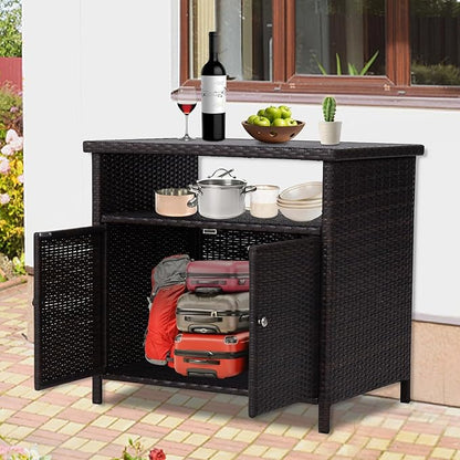 Kinfant Outdoor Wicker Storage Cabinet, Patio Bar Table with Two Doors and Shelves, Weatherproof Wicker Storage Console Table for Outdoor Sofas, Patio Pool Garden Kitchen (Brownish Black)