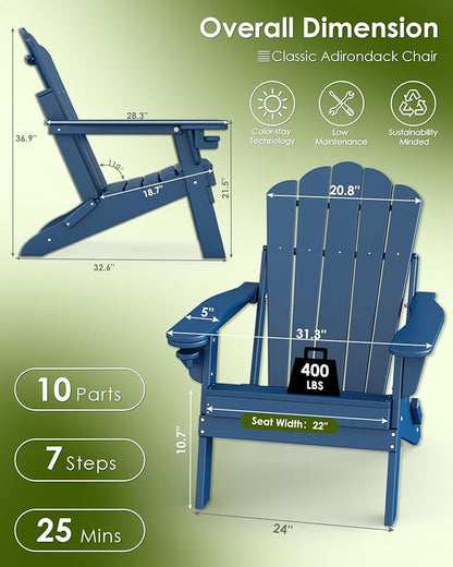 GREENVINES Oversized-Folding-Adirondack-Chairs-Set-of-6 | HDPE Plastic | Cup Holder | Fire Pit Chair | All Weather | for Outdoor Deck Backyard | Blue