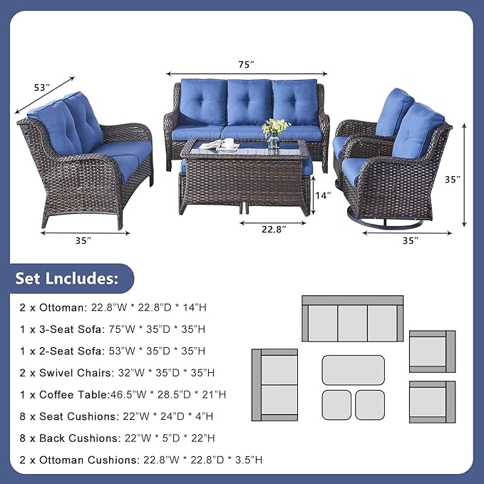 Rilyson Wicker Patio Furniture Set - 7 Piece Rattan Outdoor Sectional Conversation Sets with 2 Rocking Swivel Chairs - Photo 3