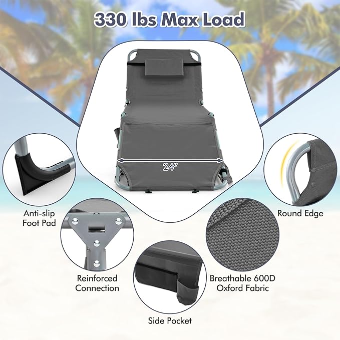 Goplus Tanning Chair, Folding Outdoor Beach Lounge Chair with Face & Arm Hole, Carrying Strap, Pillow - Photo 6
