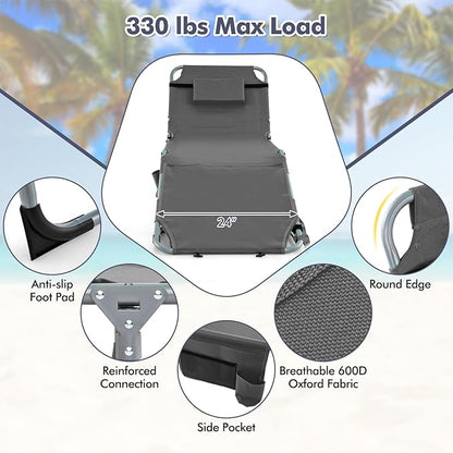 Goplus Tanning Chair, Folding Outdoor Beach Lounge Chair with Face & Arm Hole, Carrying Strap, Pillow, 5-Position Adjustable Chaise Lounge Chair Sunbathing Chair for Lawn Pool (2, Gray)
