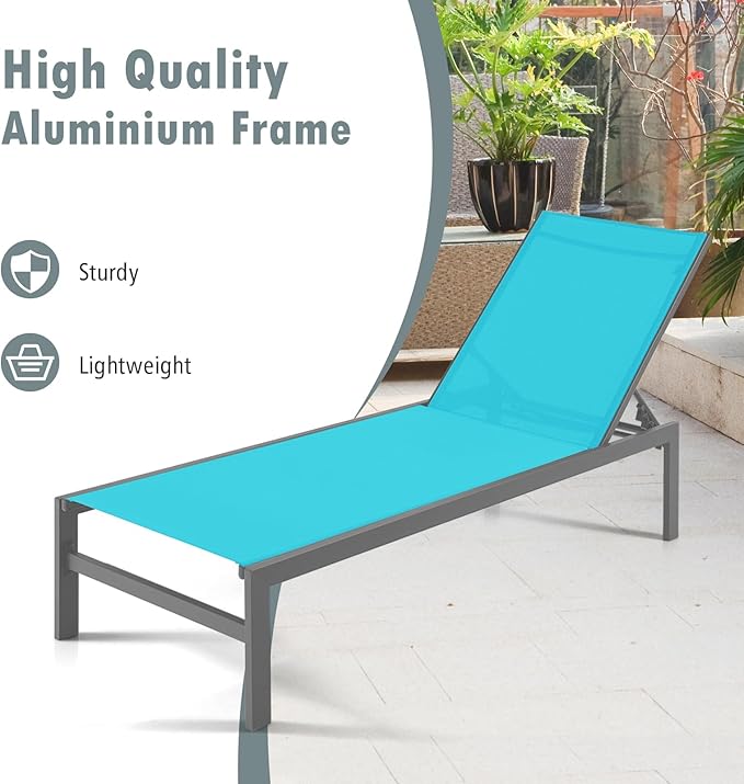 Giantex Patio Chaise Lounge Chair, Outdoor Sunbathing Chair Lawn Reclining Lounger with 6 Adjustable Position, Aluminium Frame, Outside Tanning Chairs for Deck,Yard, Pool Lounge Chairs (1, Turquoise)