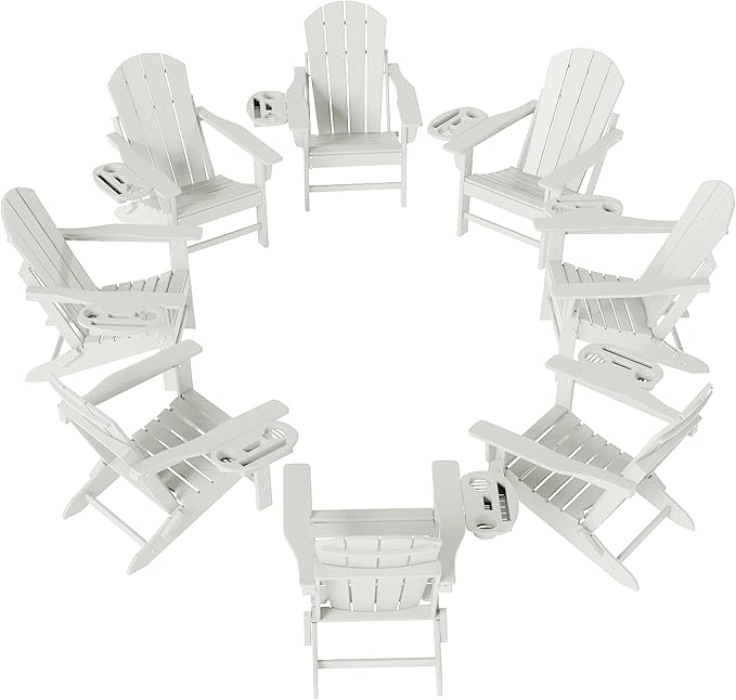 FOOWIN Folding Adirondack Chair Set of 8, HDPE Adirondack Chairs with Cup Holder, Weather Resistant Plastic Fire Pit Chairs for Outdoor, Patio, Lawn, Garden, Backyard, Deck, White