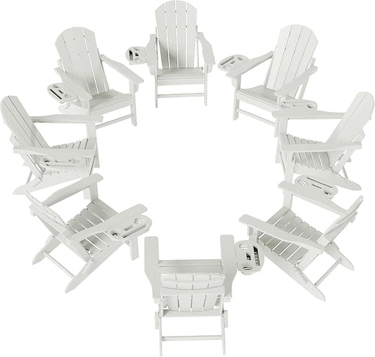FOOWIN Folding Adirondack Chair Set of 8, HDPE Adirondack Chairs with Cup Holder, Weather Resistant Plastic Fire Pit Chairs for Outdoor, Patio, Lawn, Garden, Backyard, Deck, White