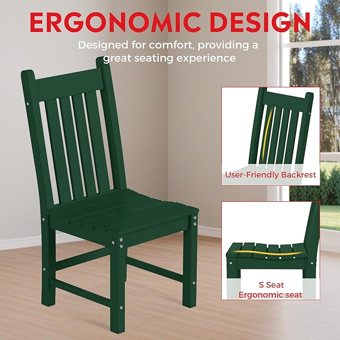 Costaelm Armless Outdoor Chair, Patio Adirondack Chair, HDPE Poly Lumber Waterproof Restaurant Bistro Kitchen Dining Chair for Outside Porch Backyard Garden, Dark Green