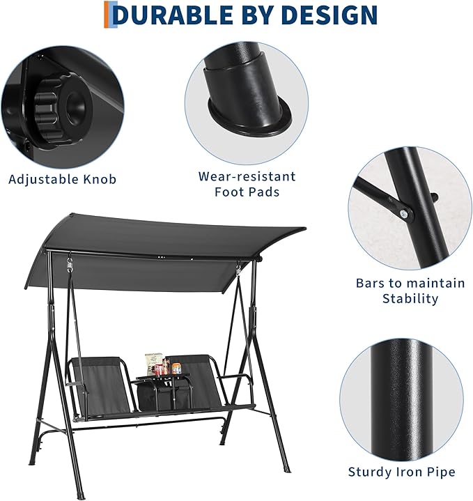 Porch Swing with Cup Holders & Pivot Storage Table & Cooler Bag with Adjustable Canopy for 2 Person Patio Swing for - Photo 5