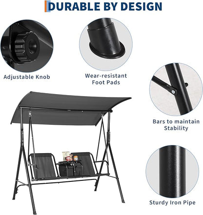 Porch Swing with Cup Holders & Pivot Storage Table & Cooler Bag with Adjustable Canopy for 2 Person Patio Swing for Backyard Balcony Poolside Black
